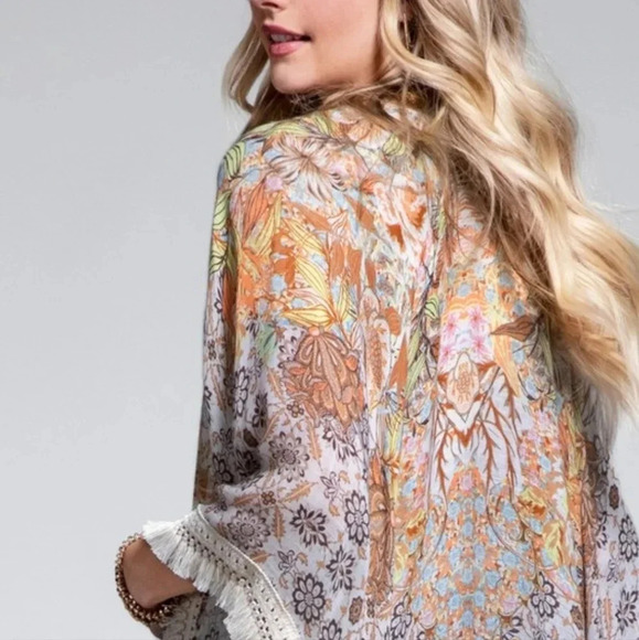 New! Boho Floral Crochet Fringe Trim Duster Kimono - Picture 6 of 8